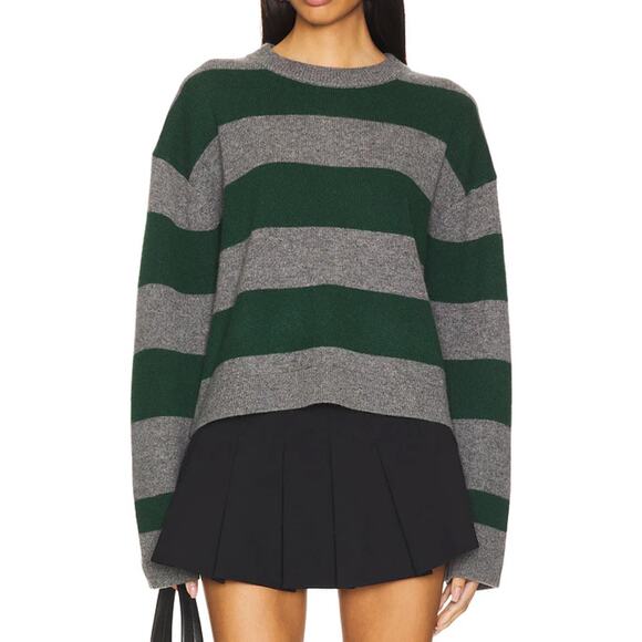 White + Warren Cashmere Stripped Crewneck Graphite/Emerald Medium NWT - Picture 4 of 10